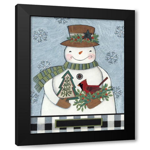 Snowman with Cardinal Black Modern Wood Framed Art Print with Double Matting by Deming, Bernadette