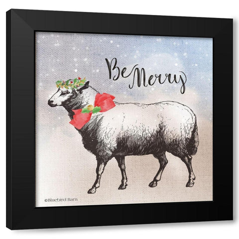 Vintage Christmas Be Merry Sheep Black Modern Wood Framed Art Print with Double Matting by Bluebird Barn