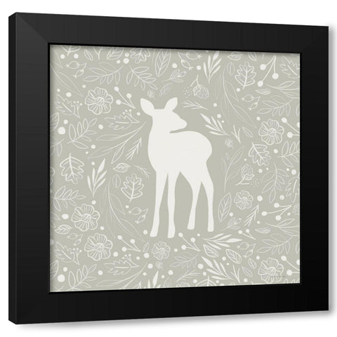 Floral Deer Black Modern Wood Framed Art Print with Double Matting by Lady Louise Designs