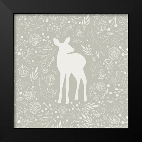 Floral Deer Black Modern Wood Framed Art Print by Lady Louise Designs