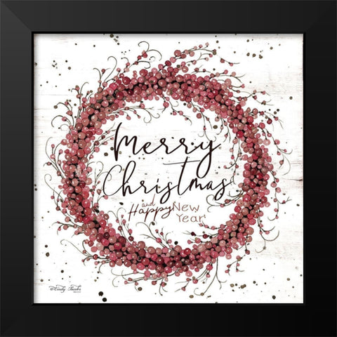 Merry Christmas Berry Wreath Black Modern Wood Framed Art Print by Jacobs, Cindy