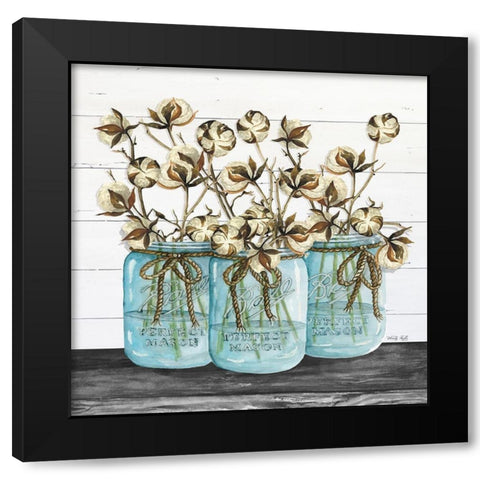 Blue Jars - Cotton Stems Black Modern Wood Framed Art Print with Double Matting by Jacobs, Cindy