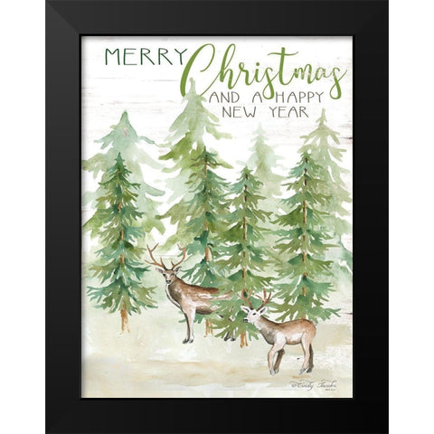 Merry Christmas and Happy New Year Deer Black Modern Wood Framed Art Print by Jacobs, Cindy