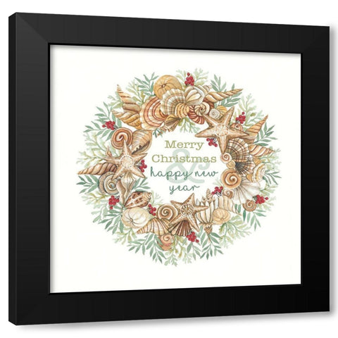 Coastal Wreath Merry Christmas Black Modern Wood Framed Art Print with Double Matting by Jacobs, Cindy