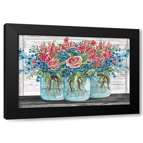 Red, White and Blue Jars with  White Flowers Black Modern Wood Framed Art Print with Double Matting by Jacobs, Cindy