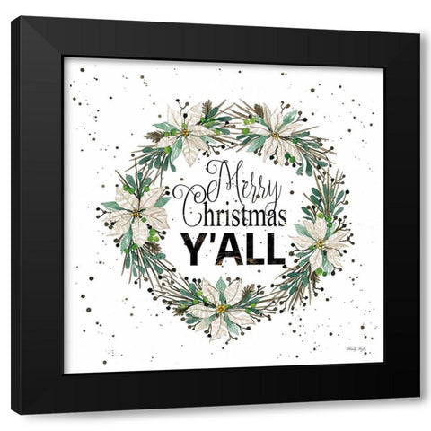 Merry Christmas Yall Wreath  Black Modern Wood Framed Art Print by Jacobs, Cindy