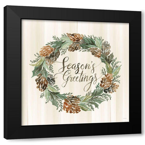 Sage Seasons Greetings Wreath Black Modern Wood Framed Art Print with Double Matting by Jacobs, Cindy