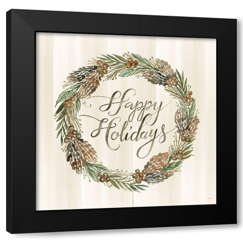 Sage Happy Holidays Wreath Black Modern Wood Framed Art Print by Jacobs, Cindy