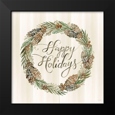 Sage Happy Holidays Wreath Black Modern Wood Framed Art Print by Jacobs, Cindy