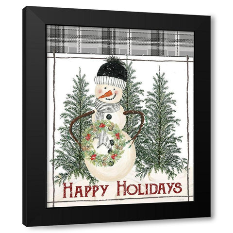 Happy Holidays Snowman Black Modern Wood Framed Art Print with Double Matting by Jacobs, Cindy