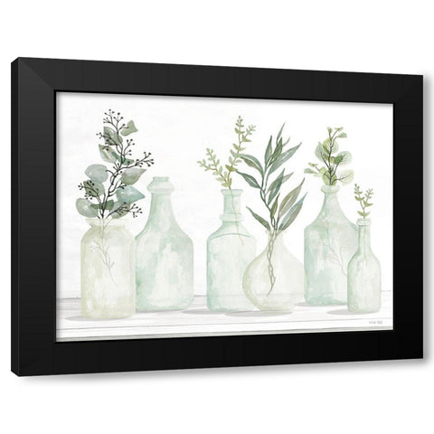 Bottles and Greenery I Black Modern Wood Framed Art Print with Double Matting by Jacobs, Cindy
