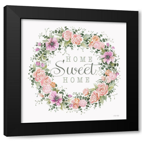 Home Sweet Home Floral Wreath Black Modern Wood Framed Art Print with Double Matting by Jacobs, Cindy