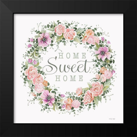 Home Sweet Home Floral Wreath Black Modern Wood Framed Art Print by Jacobs, Cindy