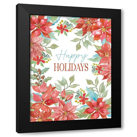 Happy Holidays Poinsettias Black Modern Wood Framed Art Print with Double Matting by Jacobs, Cindy