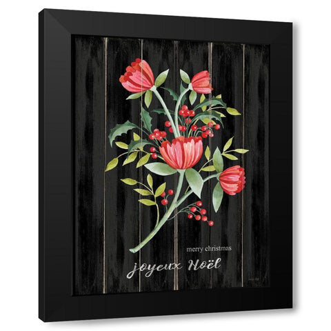 Merry Christmas Floral Black Modern Wood Framed Art Print by Jacobs, Cindy