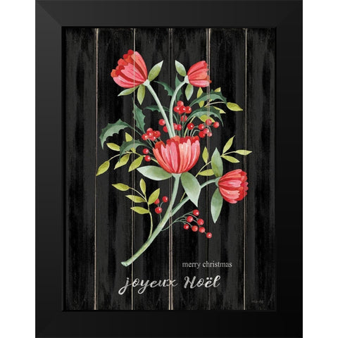Merry Christmas Floral Black Modern Wood Framed Art Print by Jacobs, Cindy