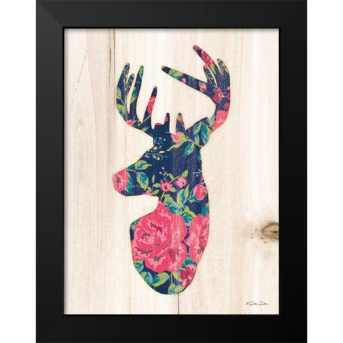 Floral Deer Black Modern Wood Framed Art Print by Dee Dee
