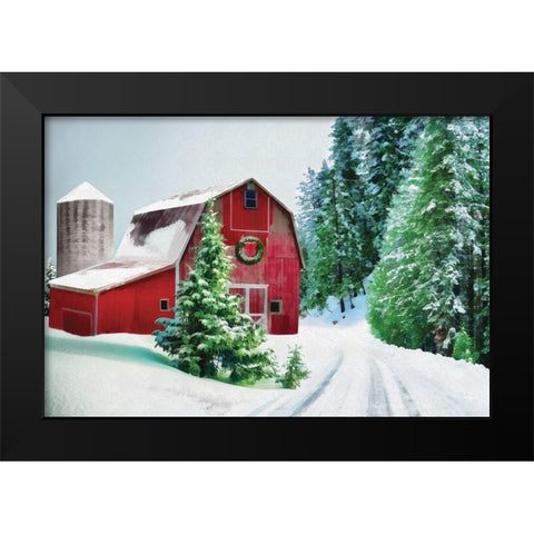 Winter Pines Red Barn Black Modern Wood Framed Art Print by Dogwood Portfolio