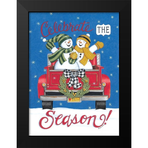 Pickup Truck And Snowman Black Modern Wood Framed Art Print by Strain, Deb