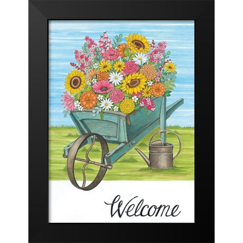 Welcome Wheelbarrow Black Modern Wood Framed Art Print by Deb Strain