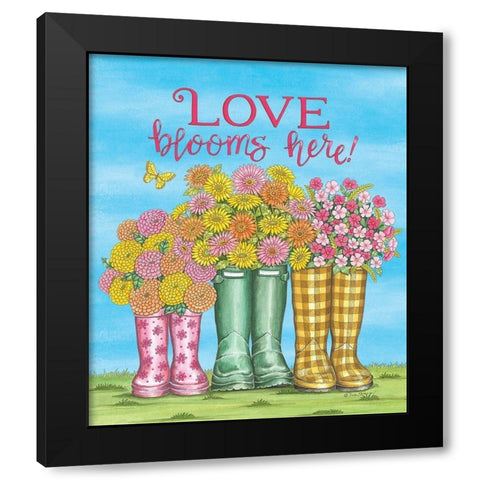 Love Blooms Here Wellies Black Modern Wood Framed Art Print by Strain, Deb