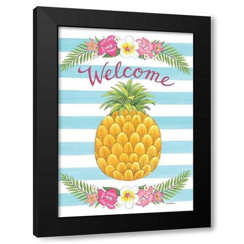 Welcome Tropical Pineapple Black Modern Wood Framed Art Print with Double Matting by Strain, Deb
