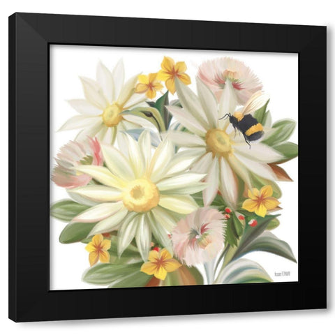Sunny Floral and Bee Black Modern Wood Framed Art Print with Double Matting by House Fenway