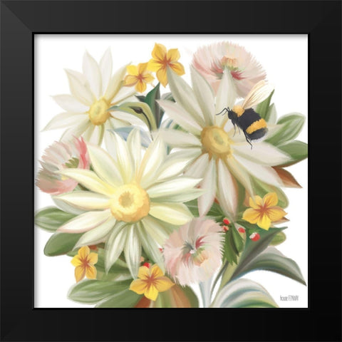Sunny Floral and Bee Black Modern Wood Framed Art Print by House Fenway