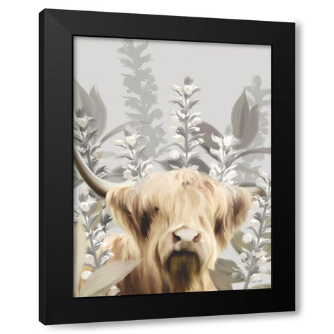 Hairy Highland in the Field Black Modern Wood Framed Art Print by House Fenway