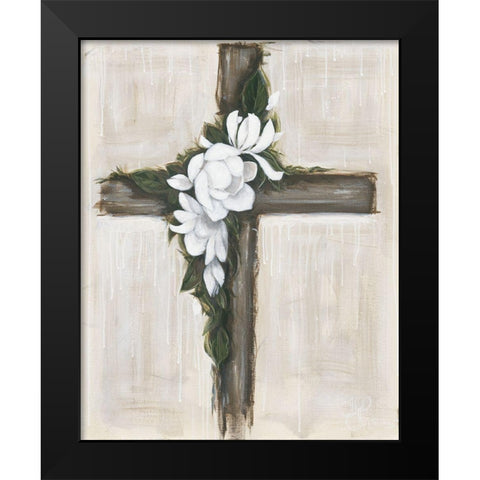 Magnolia Flowered Cross Black Modern Wood Framed Art Print by Hollihocks Art