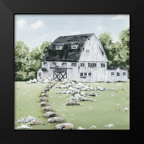 White Barn in the Field   Black Modern Wood Framed Art Print by Hollihocks Art