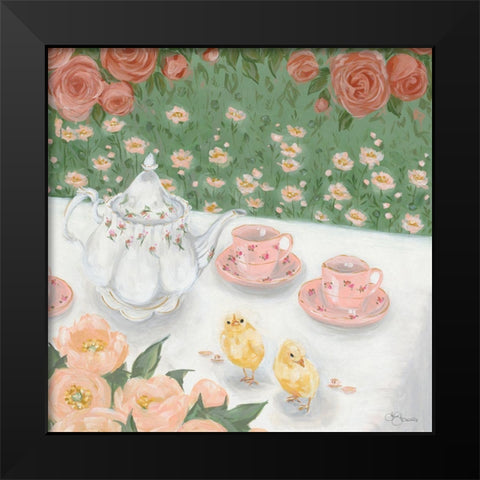 Tea Party Black Modern Wood Framed Art Print by Hollihocks Art