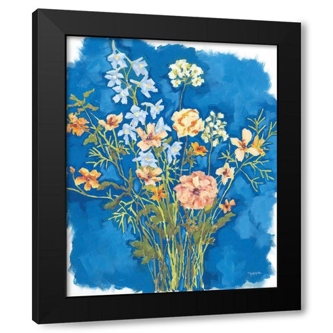 Flowers on Blue Black Modern Wood Framed Art Print by Holden, Jennifer