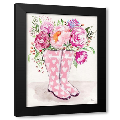 Rain Boot Flowers  Black Modern Wood Framed Art Print by Mingo, Jessica