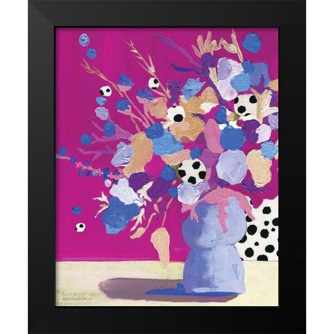 Magenta Polka Dot Floral Black Modern Wood Framed Art Print by Kamdon Kreations