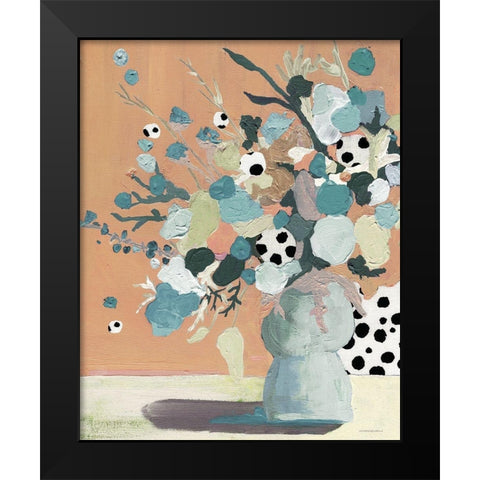 Peach Polka Dot Floral Black Modern Wood Framed Art Print by Kamdon Kreations