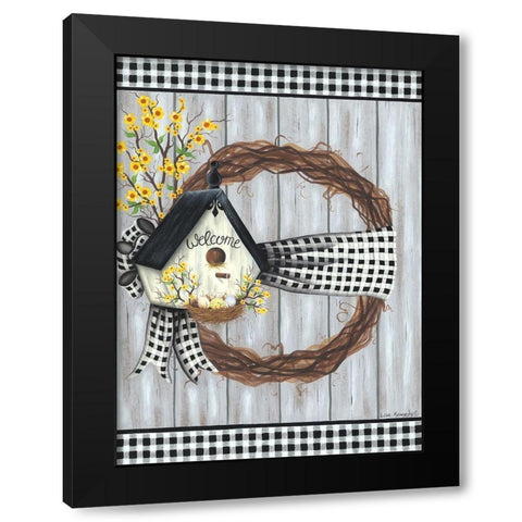 Spring Welcome Wreath Black Modern Wood Framed Art Print with Double Matting by Kennedy, Lisa