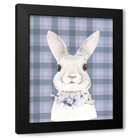 Plaid Bunny Floral Black Modern Wood Framed Art Print by Lettered and Lined