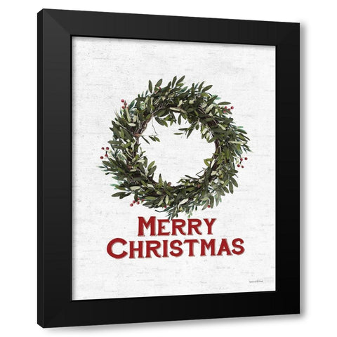 Merry Christmas Wreath Black Modern Wood Framed Art Print with Double Matting by Lettered and Lined