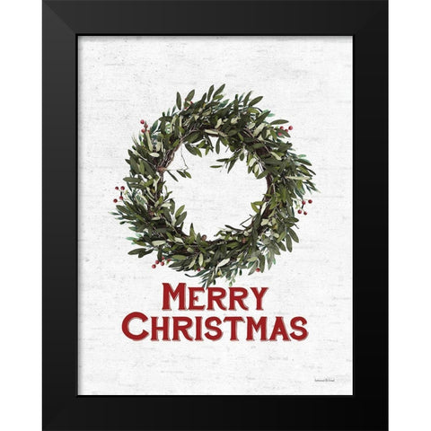 Merry Christmas Wreath Black Modern Wood Framed Art Print by Lettered and Lined