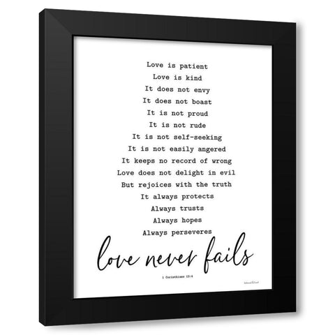 Love Never Fails Black Modern Wood Framed Art Print with Double Matting by lettered And lined