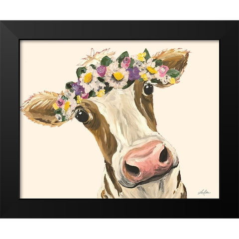 Miss Moo Moo with Flower Crown Black Modern Wood Framed Art Print by Keller, Lee