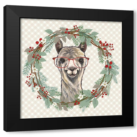 Christmas Llama Wreath Black Modern Wood Framed Art Print with Double Matting by Keller, Lee