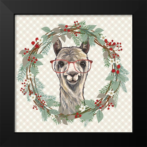 Christmas Llama Wreath Black Modern Wood Framed Art Print by Keller, Lee