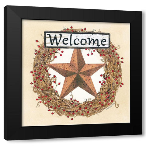 Barn Star Welcome Wreath Black Modern Wood Framed Art Print with Double Matting by Spivey, Linda