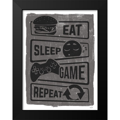 Eat, Sleep, Game, Repeat Black Modern Wood Framed Art Print by Lux + Me Designs