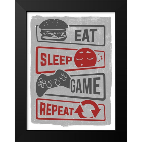 Eat-Sleep-Game-Repeat Black Modern Wood Framed Art Print by Lux + Me Designs