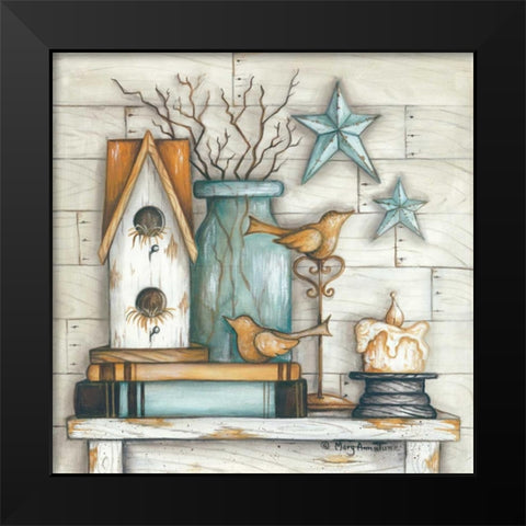Birdhouse on Books Black Modern Wood Framed Art Print by June, Mary Ann