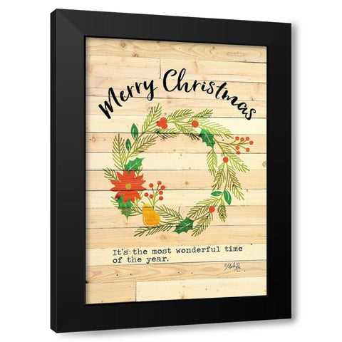 Merry Christmas Wreath Black Modern Wood Framed Art Print with Double Matting by Rae, Marla