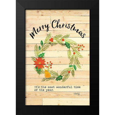 Merry Christmas Wreath Black Modern Wood Framed Art Print by Rae, Marla
